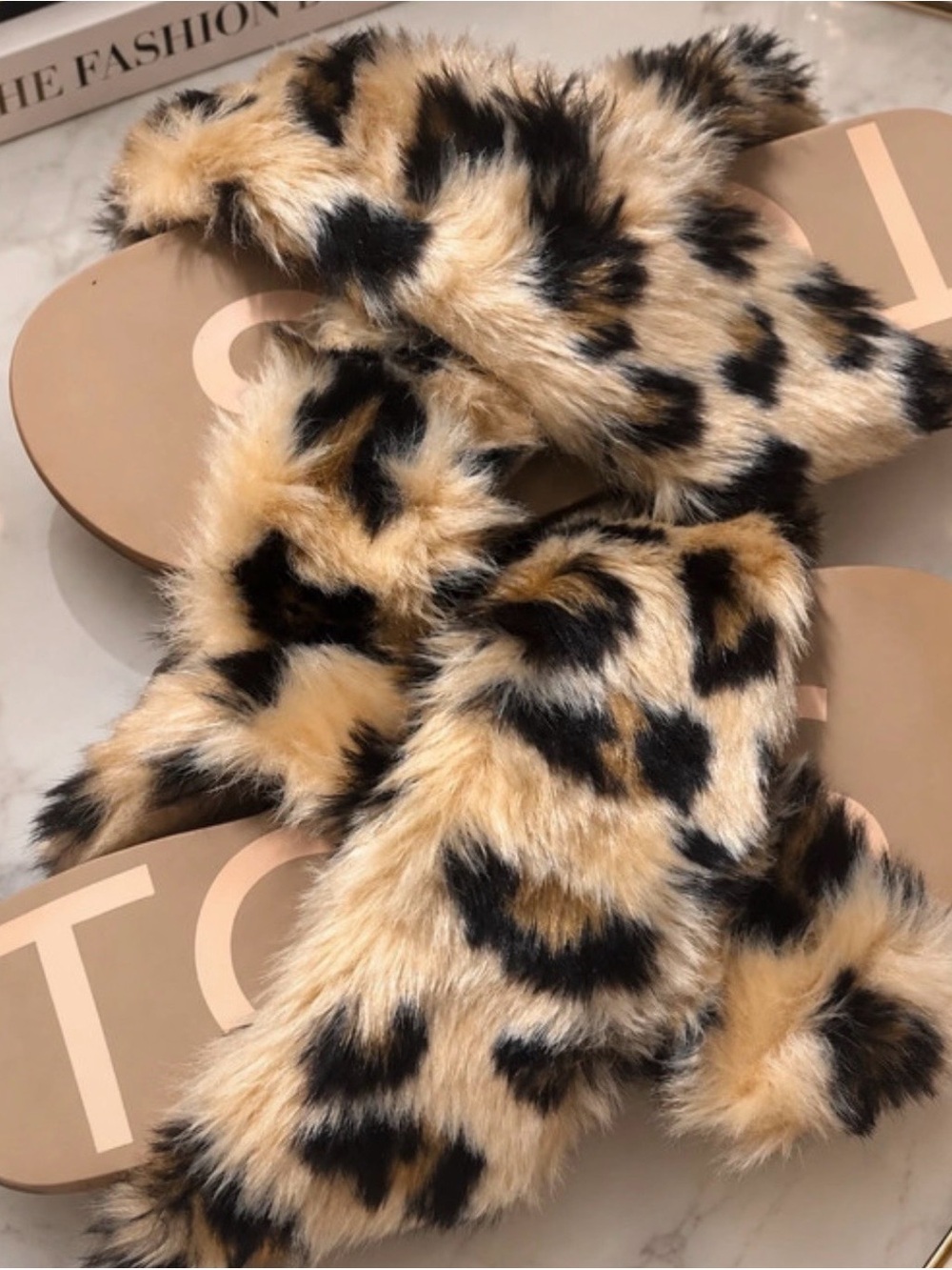 Tom’s Leopard Print Faux Fur Slide Sandals - Beige/Black -